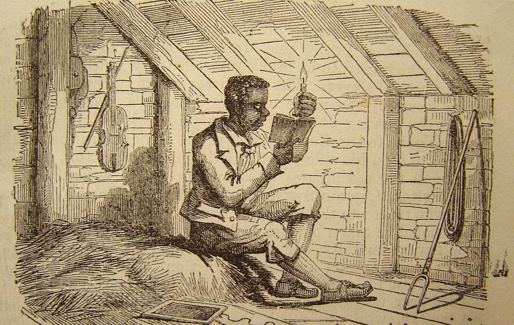 Drawing of a young man in the room of a rustic cottage holding a candle in order to read a book