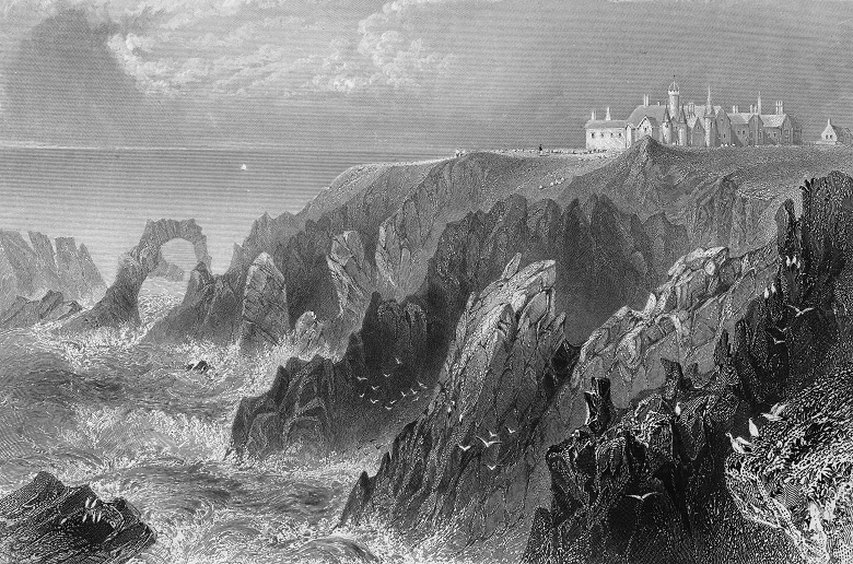 An archive print of a grand castle dramatically situated on a cliff above a stormy, rocky coastline 