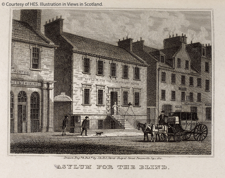 Engraving of the Asylum for the Industrial Blind. It's a Georgian building and parked in front is a sedan chair, carriage and pair of horses.
