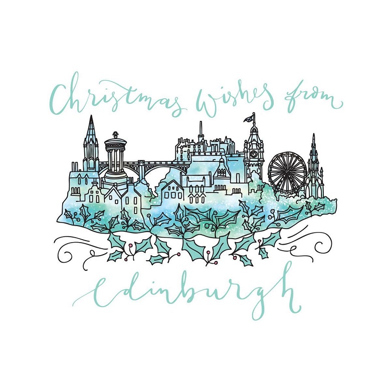 A Christmas card with an Edinburgh Castle design reading "Christmas wishes from Edinburgh" 