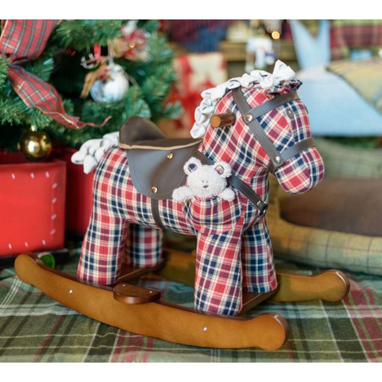 A blue and red miniature tartan rocking horse from Historic Scotland's Christmas gifts range 