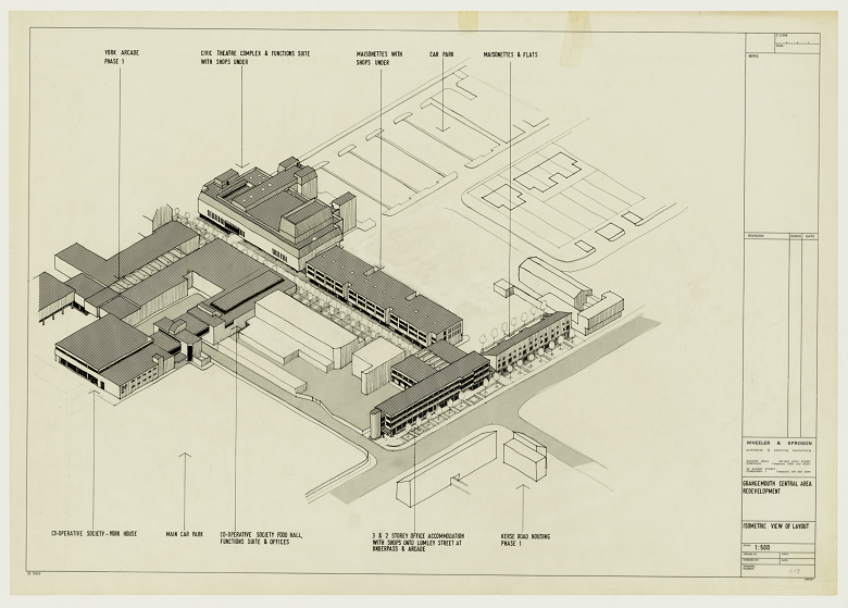 Archive copy of plans for a civic centre showing various buildings and a car park 