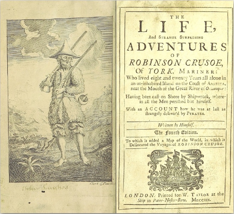 Scan of an early version of 'Robinson Cruseo' featuring a title page and an illustration of the fictional castaway 
