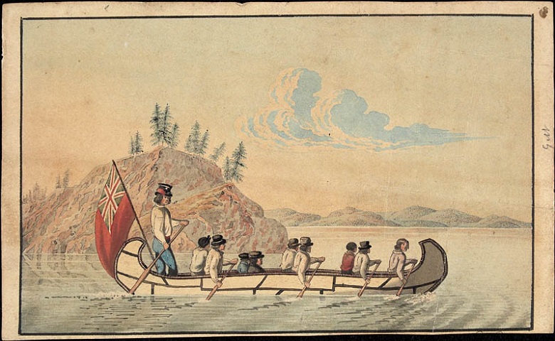 Nineteenth century illustration of smartly dressed company officials travelling across a lake in a canoe