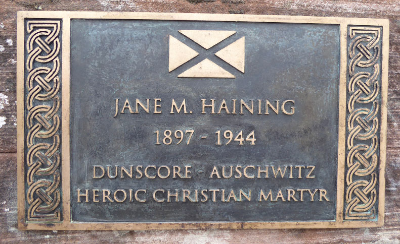 Plaque reads: Jane M Haining, 1897-1944, Dunscore - Auschwitz,Heroic Christian Martyr