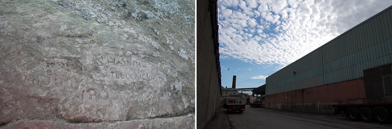 A picture of a historic inscription on a standing stone alongside a modern image of a industrial building on a sunny day