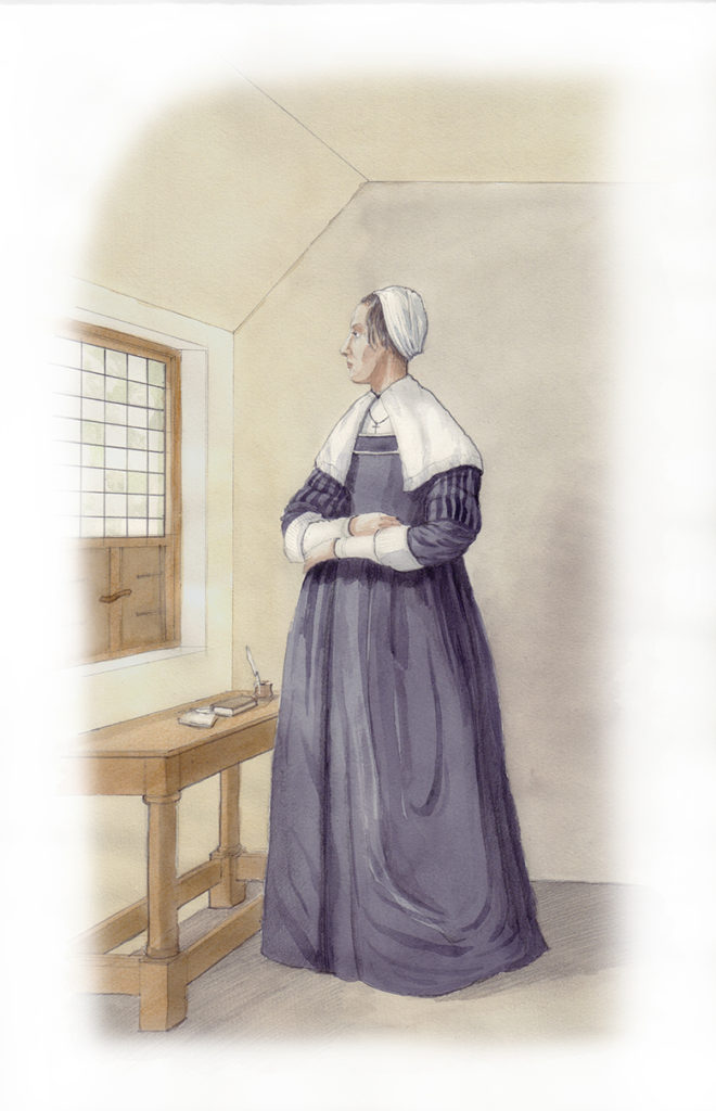 watercolour illustration showing a lady in a blue dress looking out a window.