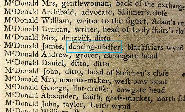 A directory listing with the entry ‘MacDonald, James, dancing master’ circled.