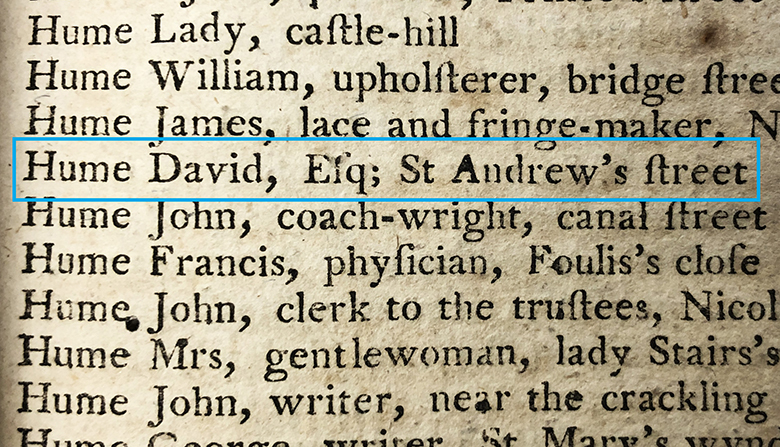 Directory entry which reads: "Hume, David, Esq. St Andrew's Street.