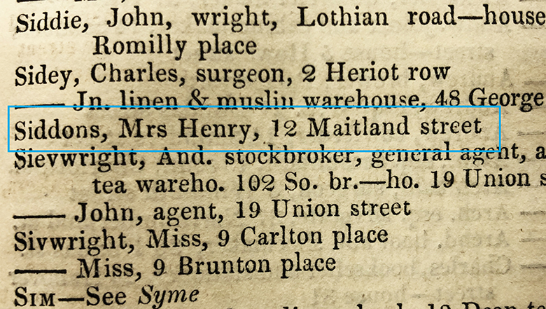 Directory entry which reads "Siddons, Mrs Henry, 12 Maitland Street."