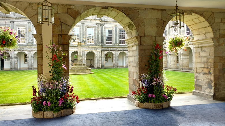 Baskets of the flowers in the piazza area of Holyrood Palace