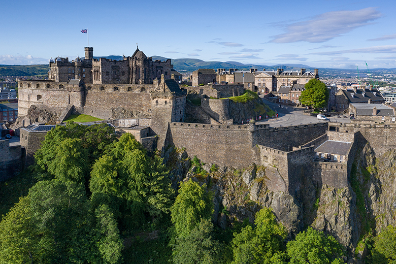 Aerial photo of Edinburgh Castle, showing its impressive position on Castle Rock.
