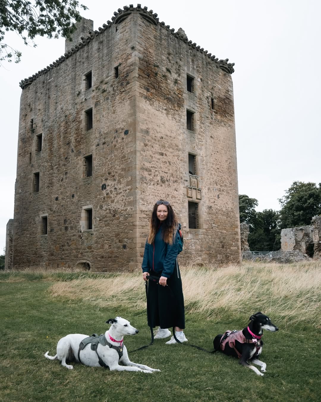 A woman stands in front of a 4 storey tower house flanked by two sighthound dogs. One is white with black patches and the other is brown with light patches.