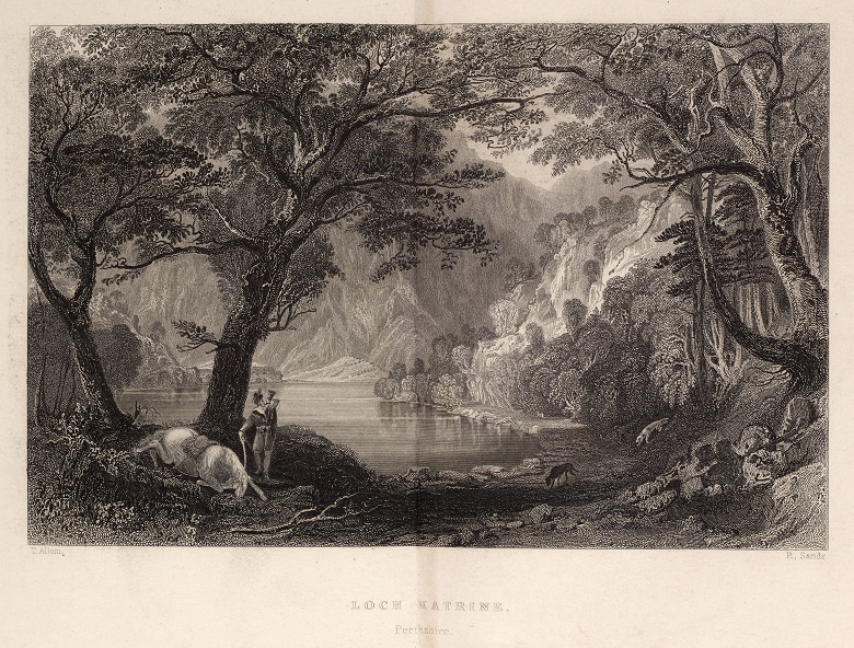 An engraving of a man at the shores of a loch
