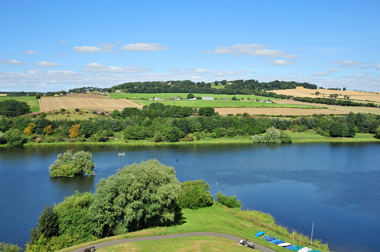 An loch surrounded by green trees and farmland