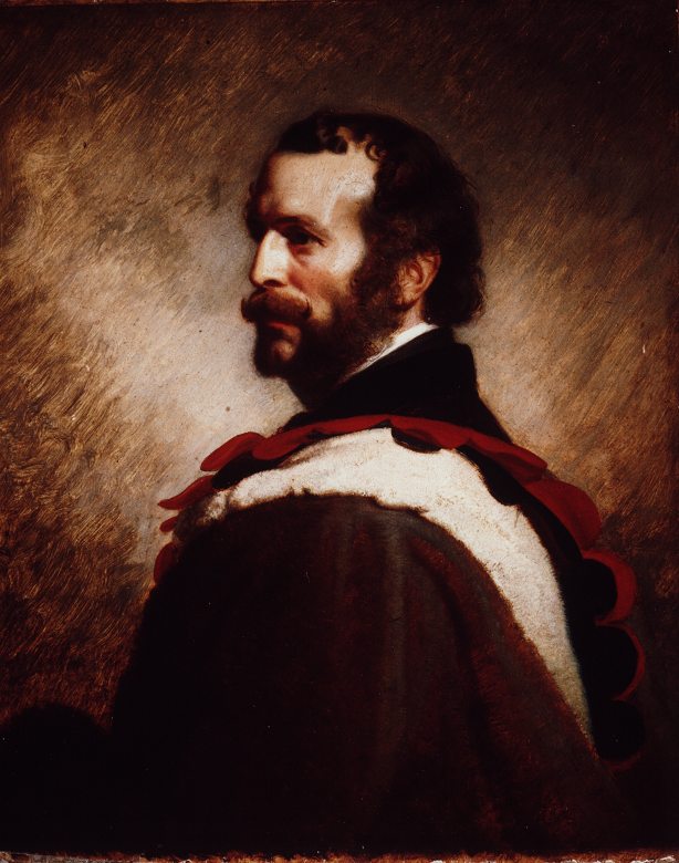 A portrait of John Rae waring white and red robes 