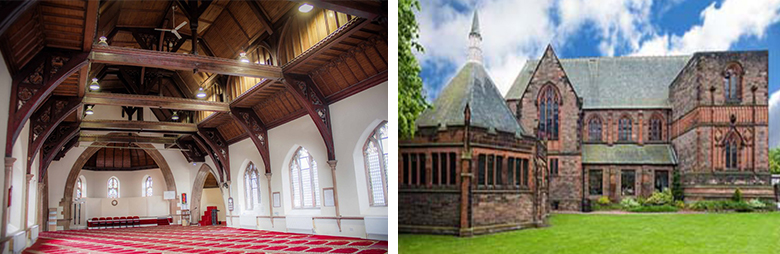 Images side by side showing the interior hall of Iqra Academy and the exterior of the Victorian building 