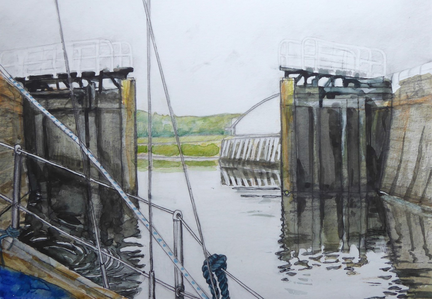 A painting of an open canal lock from the perspective of a passenger on a yacht. The edge of the yacht and part of its sails can be seen in the foreground