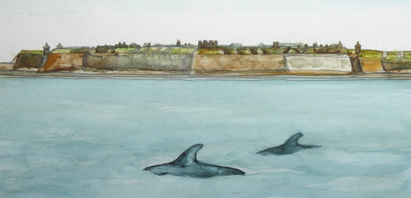 A painting of two dolphins playing in the sea in front of the stone walls of a military fort