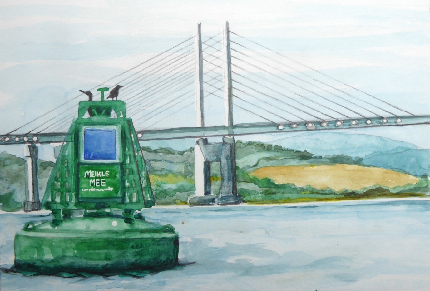 A painting of a large green buoy positioned in the sea in front of a large, modern road bridge