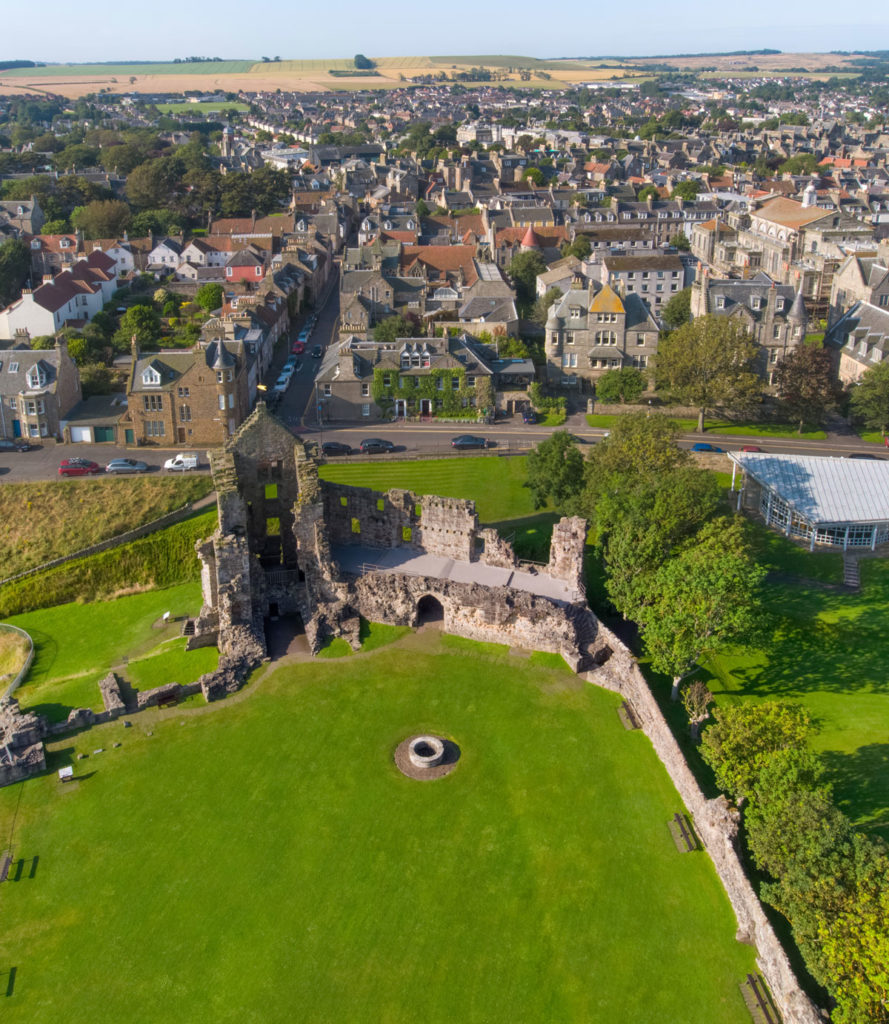 A view looking over St Andrews Castle and towards the town