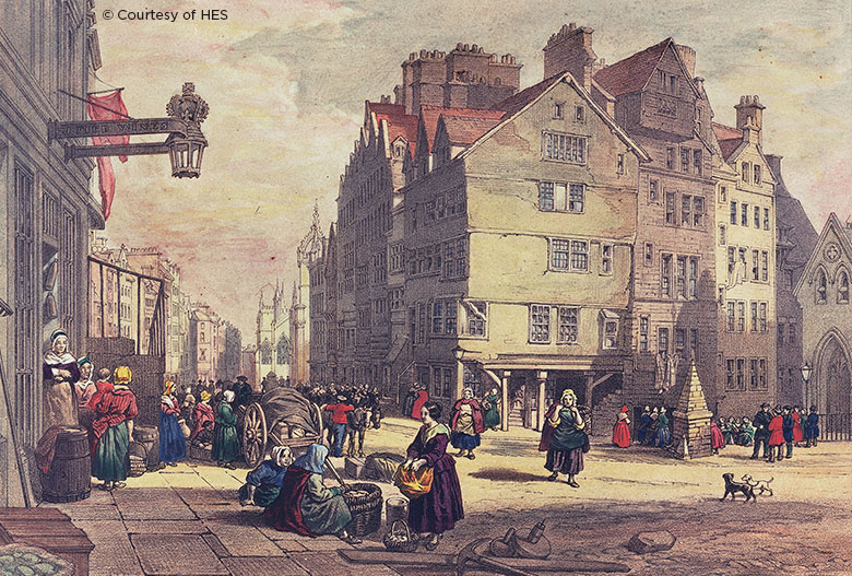 Colour lithograph showing general view looking down Lawnmarket from Castlehill. Original insc. "W.L.Leitch, del. T.Picken, Lith. London, Day & Son Glasgow, R.Griffin & Co. Day & Son, Lith.rs to the Queen High Street from Head of West Bow, Lawnmarket"
