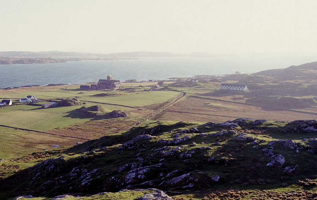 view from the top of the hill in the middle of Iona, down to the abbey and across to Mull
