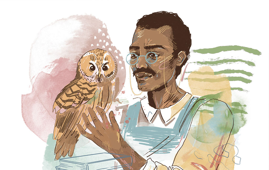 an illustration of a Black man wearing glasses holding a stuffed owl