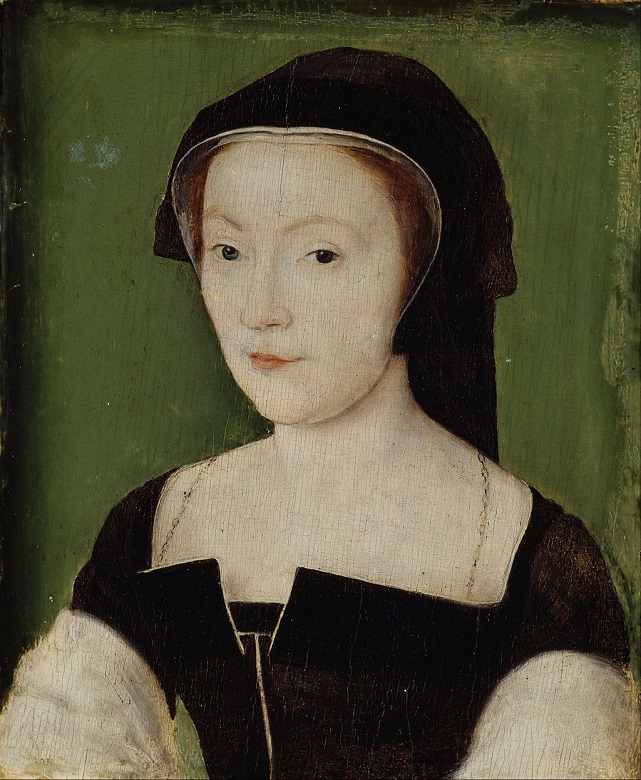 A portrait of Mary of Guise wearing a black dress and matching headwear