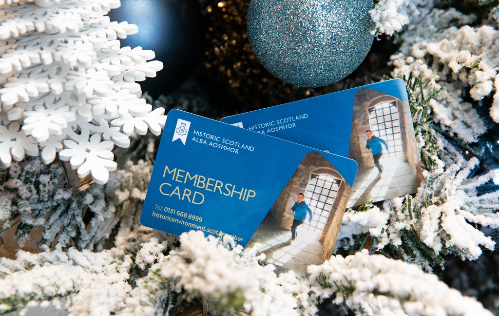 Two blue Histoirc Scotland membership cards in the branches of a Christmas tree