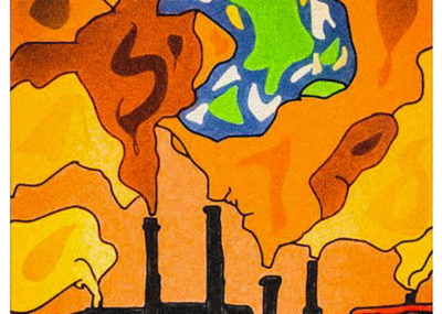 Factory chimneys are silhouetted in a bright orange sky and and green pollution