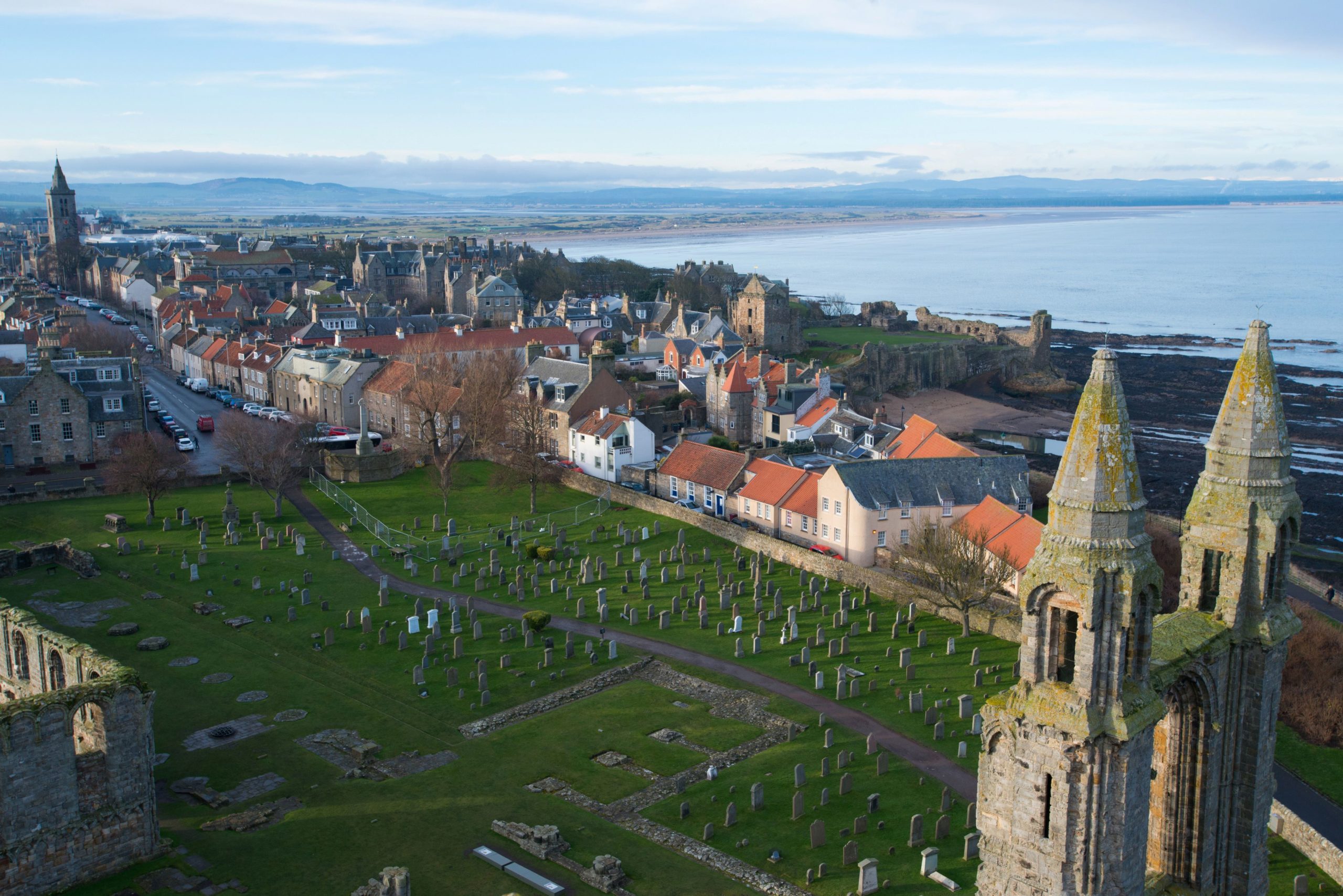 View over St Andrews Cathedral and graveyard over to the shore