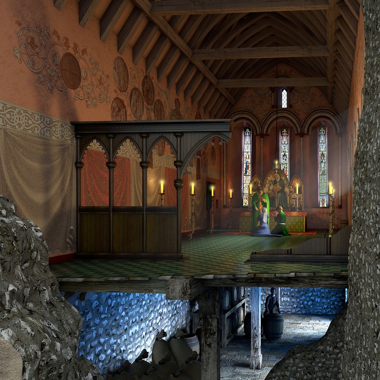 A digital reconstruction of a scene from life in a castle shpwing two ladies praying in a chapel
