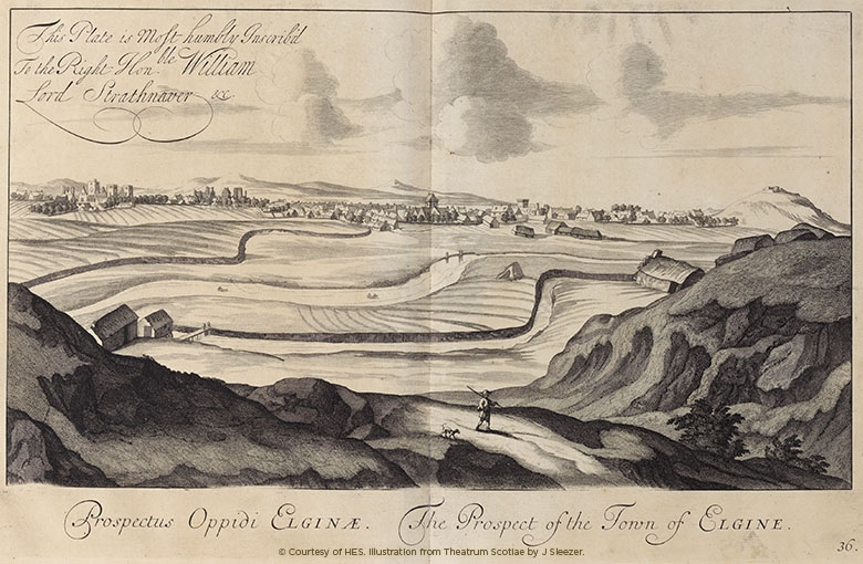 Engraving showing rolling hills with a small hamlet in the distance.