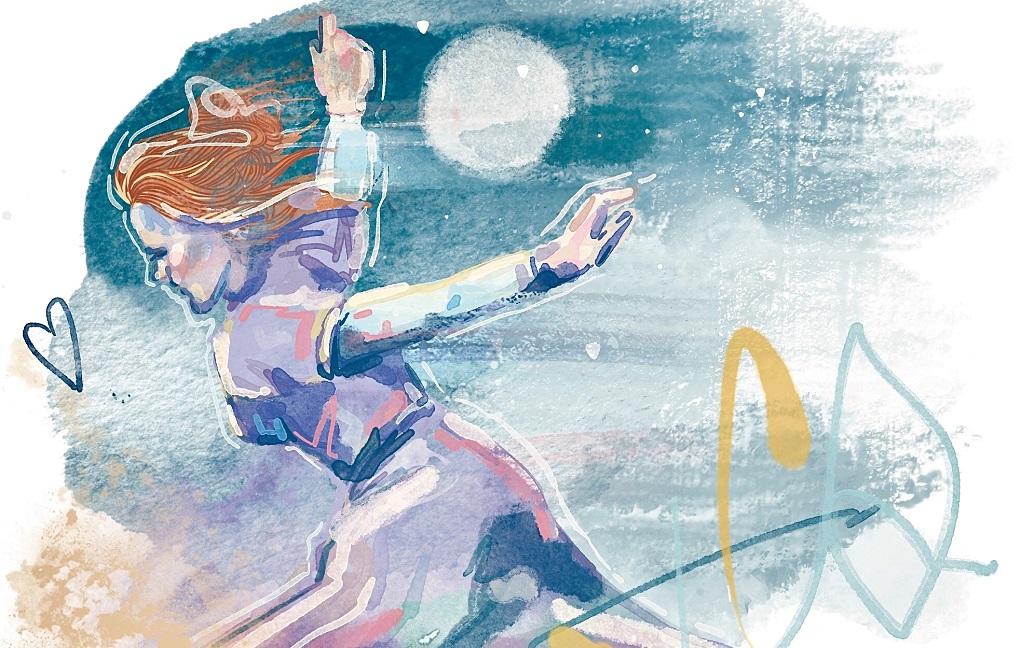 A section of a larger illustration showing a young lady leaping through the air