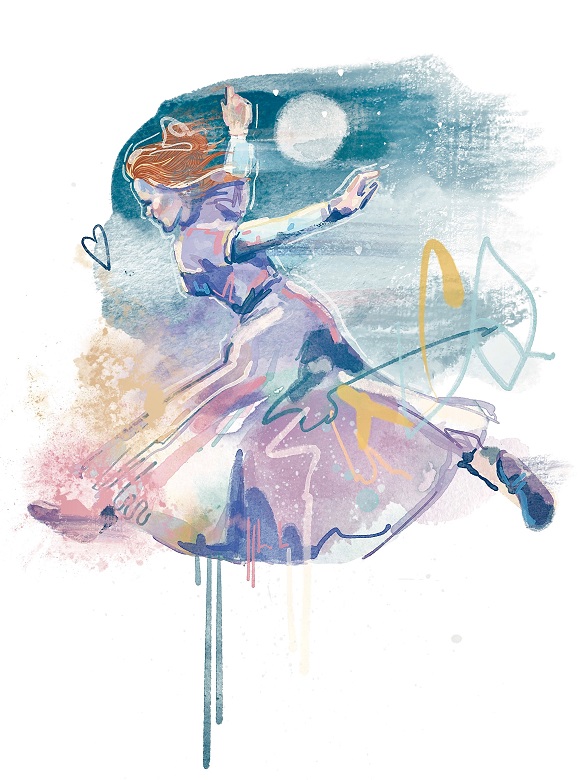 An illustration of a young lady in the process of making a jump or leap. She is wearing a purple dress and the moon and night sky are in the background.