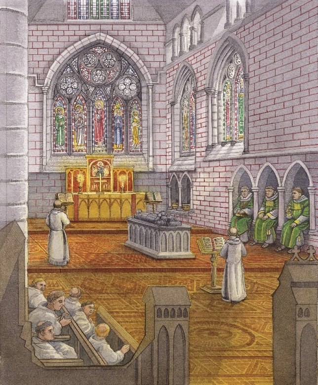 An illustration showing the altar of an abbey with monks in white robes going about their daily business