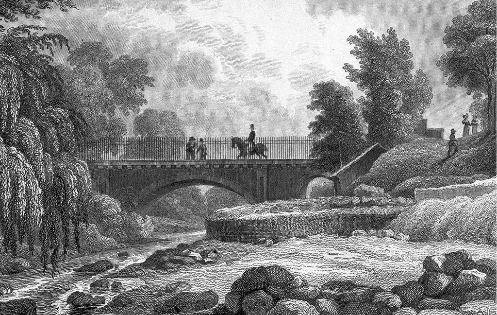 19th century engraving depicting a rider on horseback crossing a bridge over the Water of Leith. Some other small figures walk along the banks of the river.