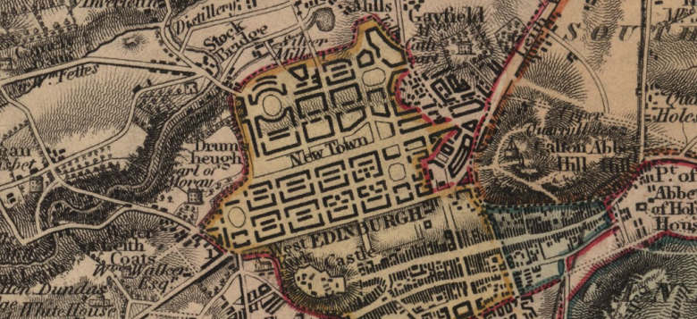 hand drawn map showing the street layout in Edinburgh in the early 1800s. The area of the New TOwn is highlighted with a red border.