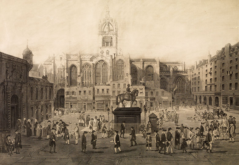 engraving depicting Edinburgh's Parlaiment Square in the mid-1800s. An equestrian statue dominates the middle of the square. It is very busy with people in dress of the period. St Giles' Cathedral is in the background.