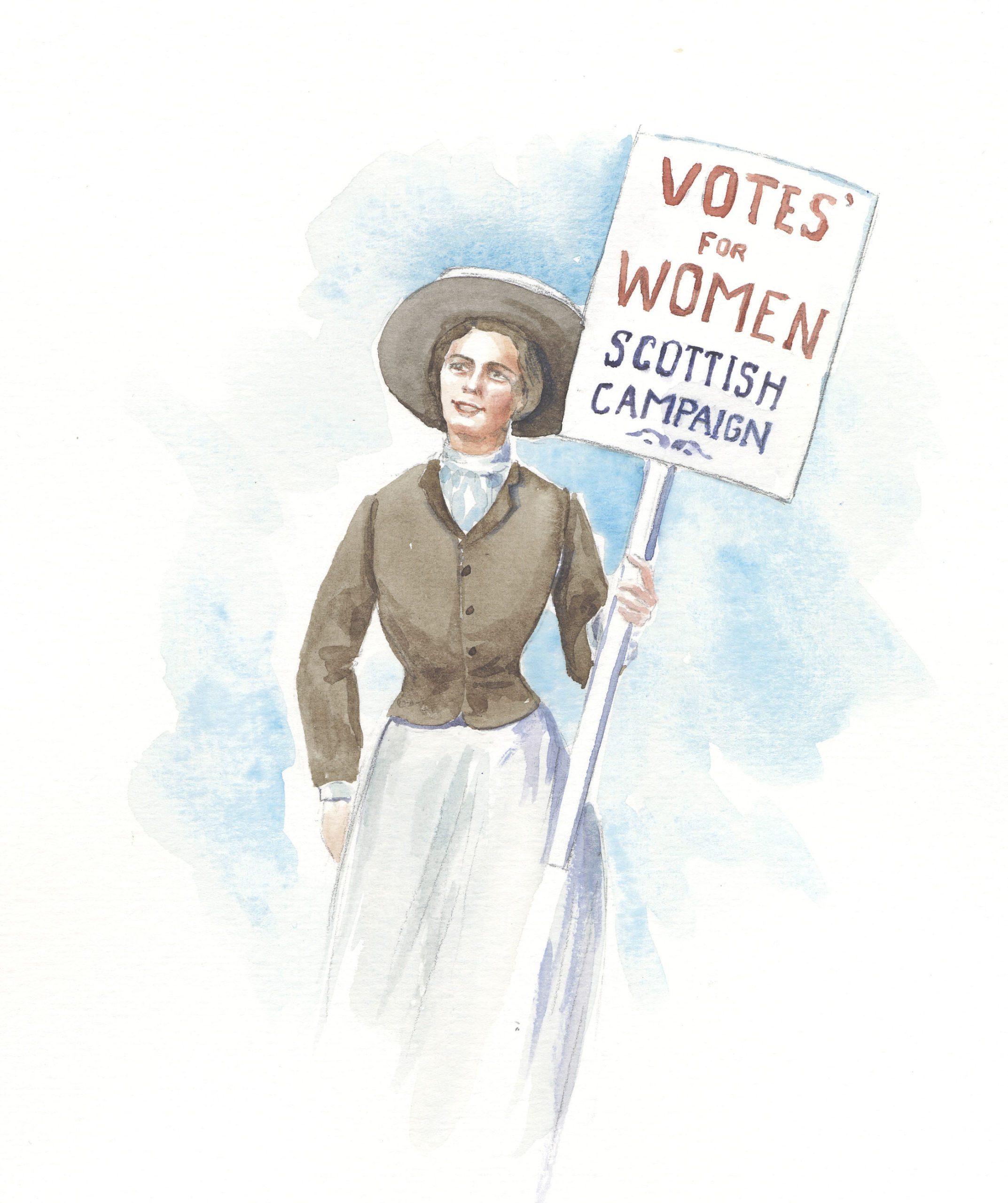 Water colour drawing of a women wearing a round hat and holding a sign reading "Votes for Women Scottish Campaign" 