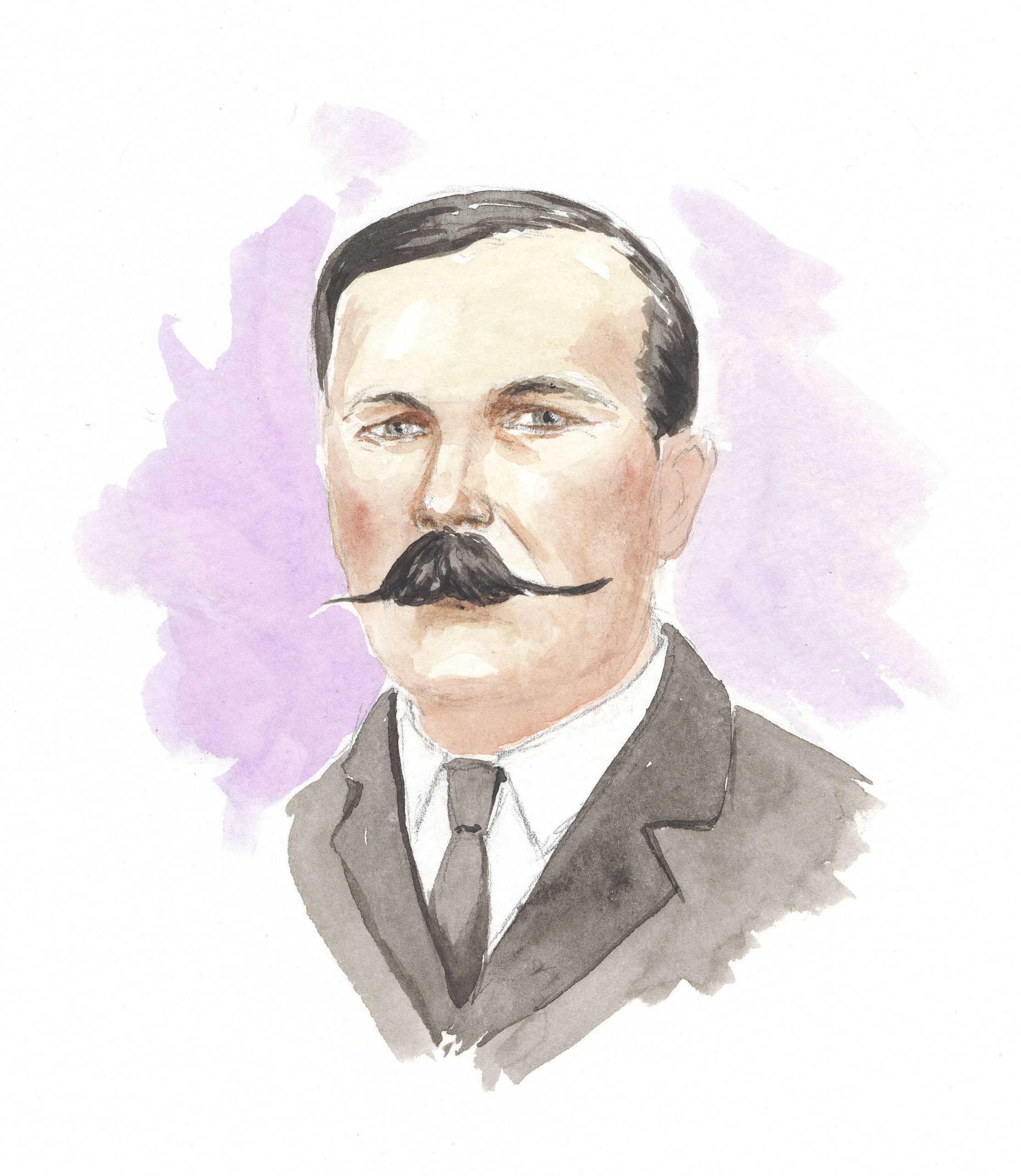 Watercolour image of a man with a moustache.