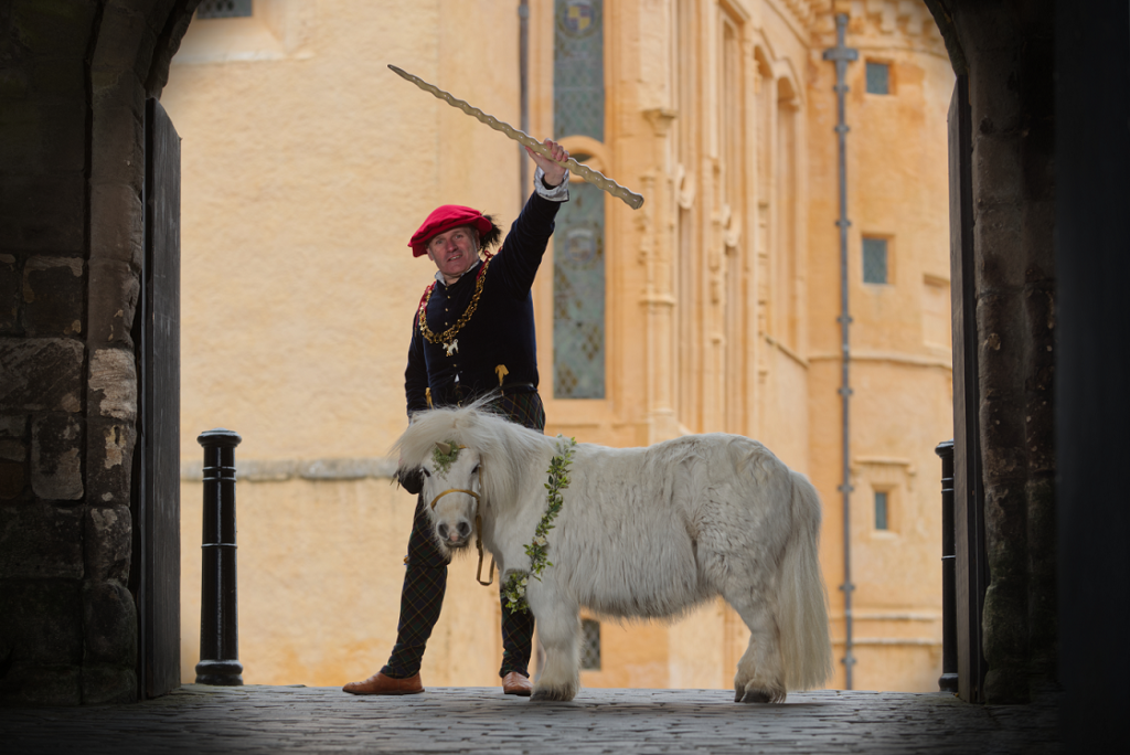 A person dressed in historical costume standing in front of a small pony with a prop horn attached to it to look like a unicorn.