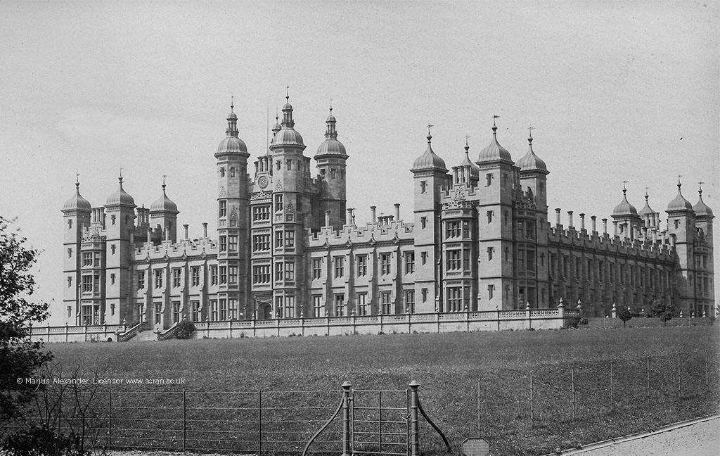 black and white photo showing the grad facade of Donaldson's School when it was first built. It's an impressive building in the Jacobean style with decorative towers and turrets.