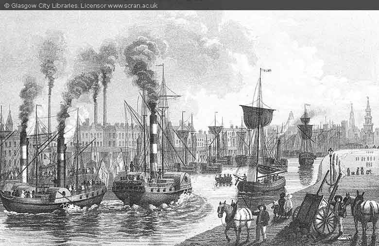 Engraving showing a 19th century working port with steam ships and sail ships.
