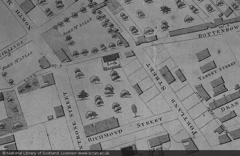 extract of an 1807 map of Glasgow showing Lock Hospital just on Rottenrow Lane