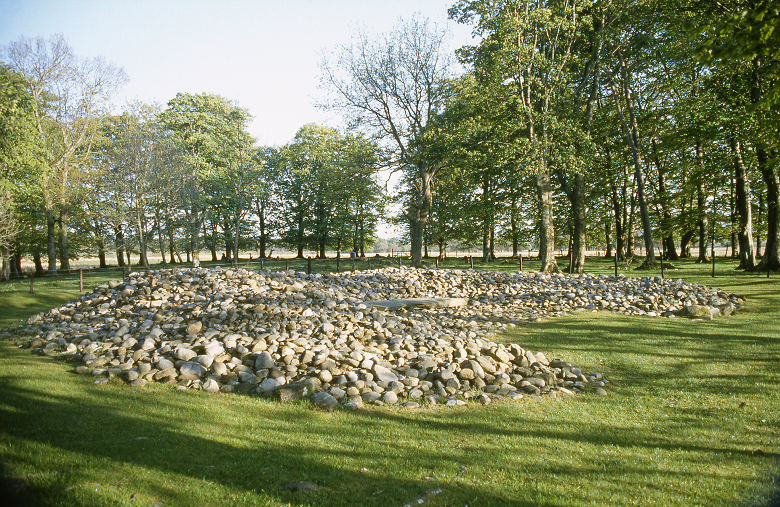 A historic cairn in the woods, made up of many small stones