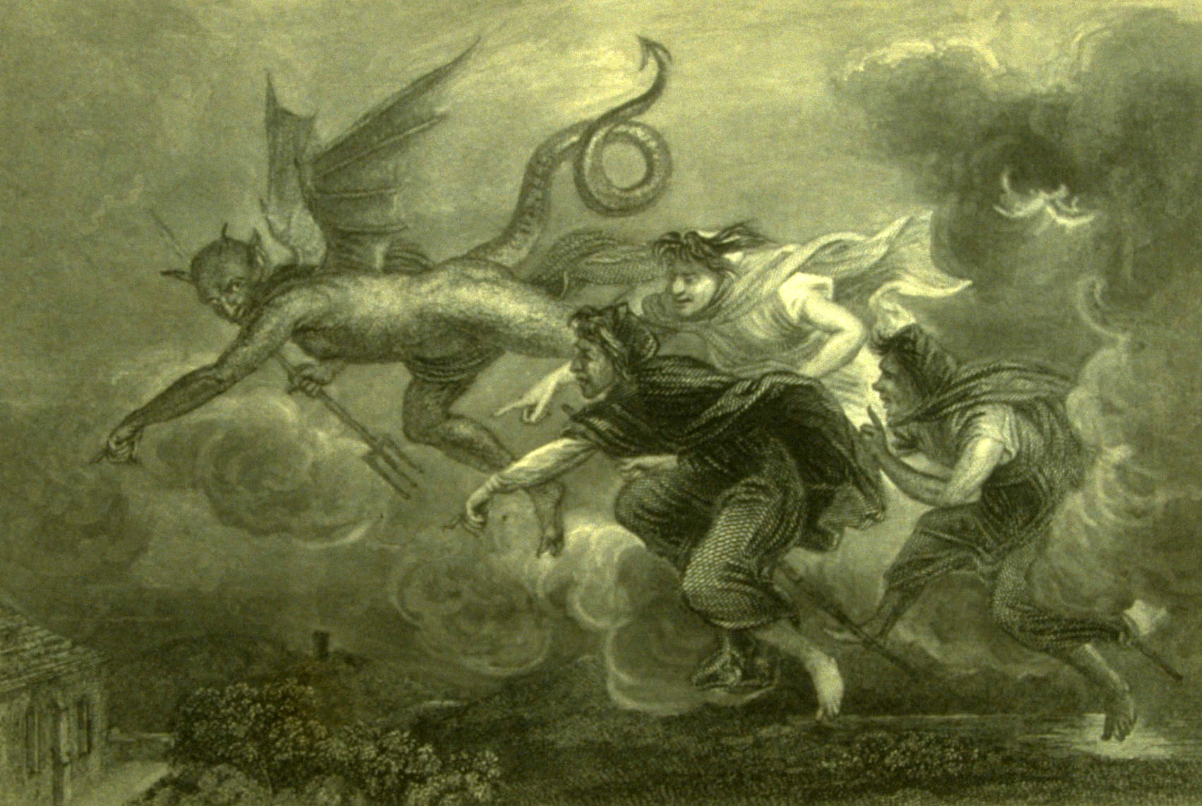 Engraving that shows a scene from Burns'poem' Address to the devil'. The devil is followed by three people. 