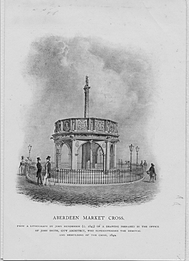 A black and white illustration of the Mercat Cross, Aberdeen