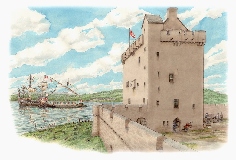 A drawing of a riverside castle being attacked by two wooden ships